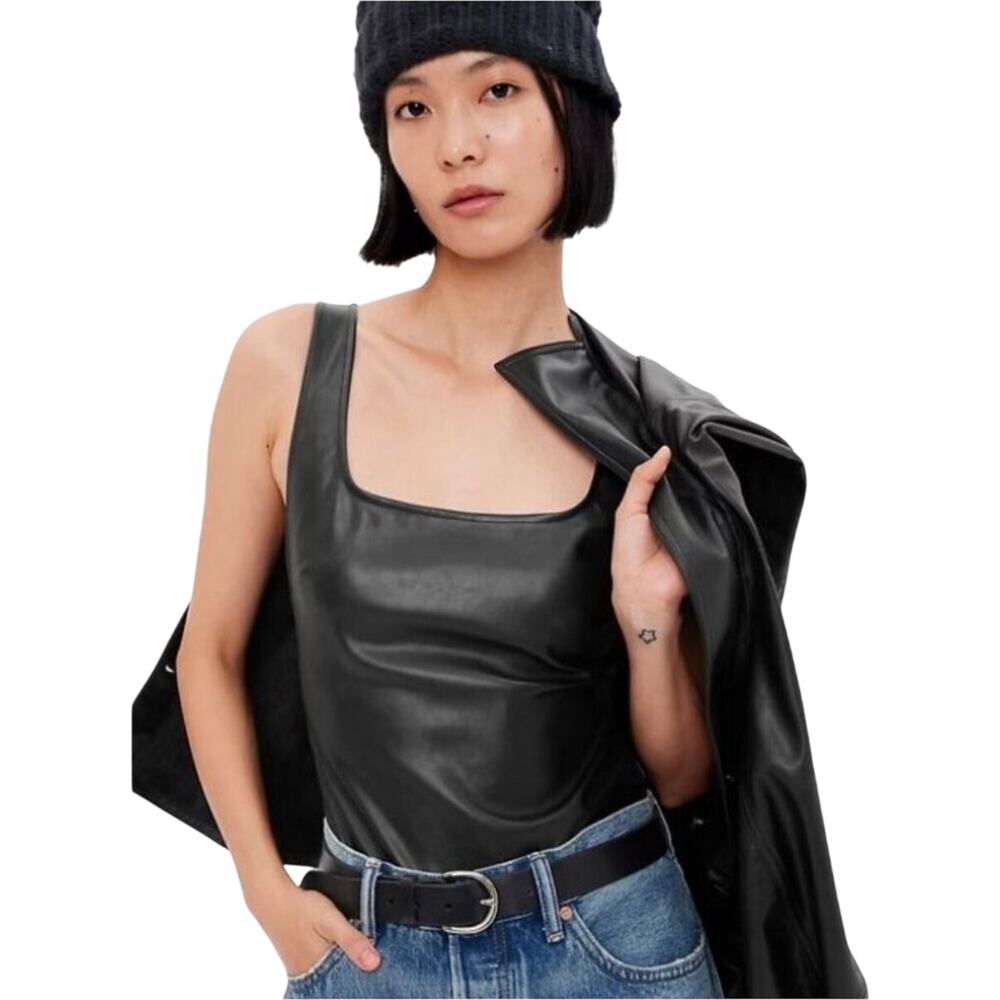 Gap Women’s black faux leather tank bodysuit, scoopneck, Size L